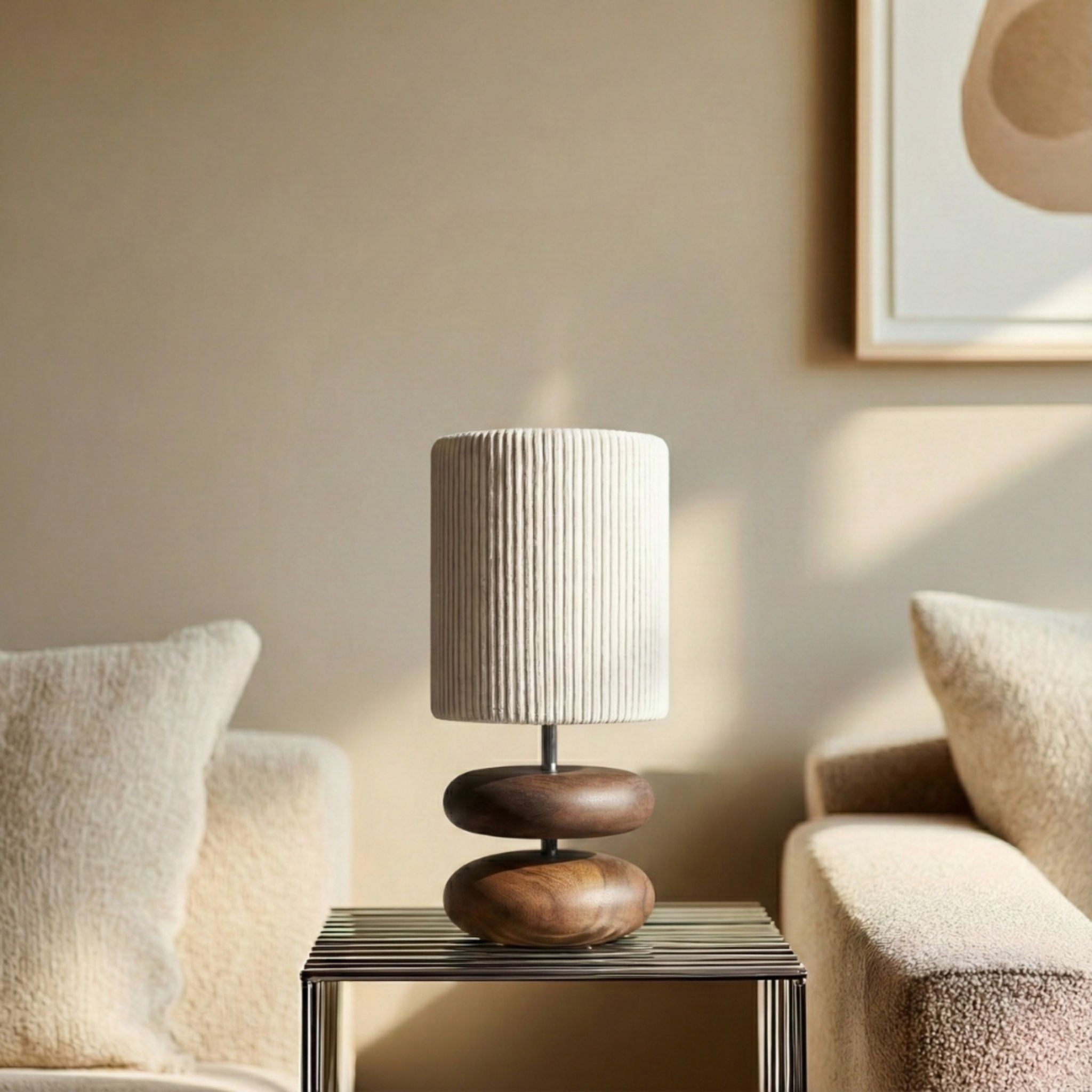 Walnut Wood Table Lamp with Fabric Shade | Warm, Sculptural Design