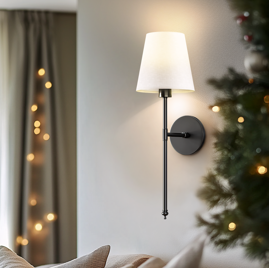 Wireless Wall Sconces with Fabric Shade | Set of 2, No Hardwiring