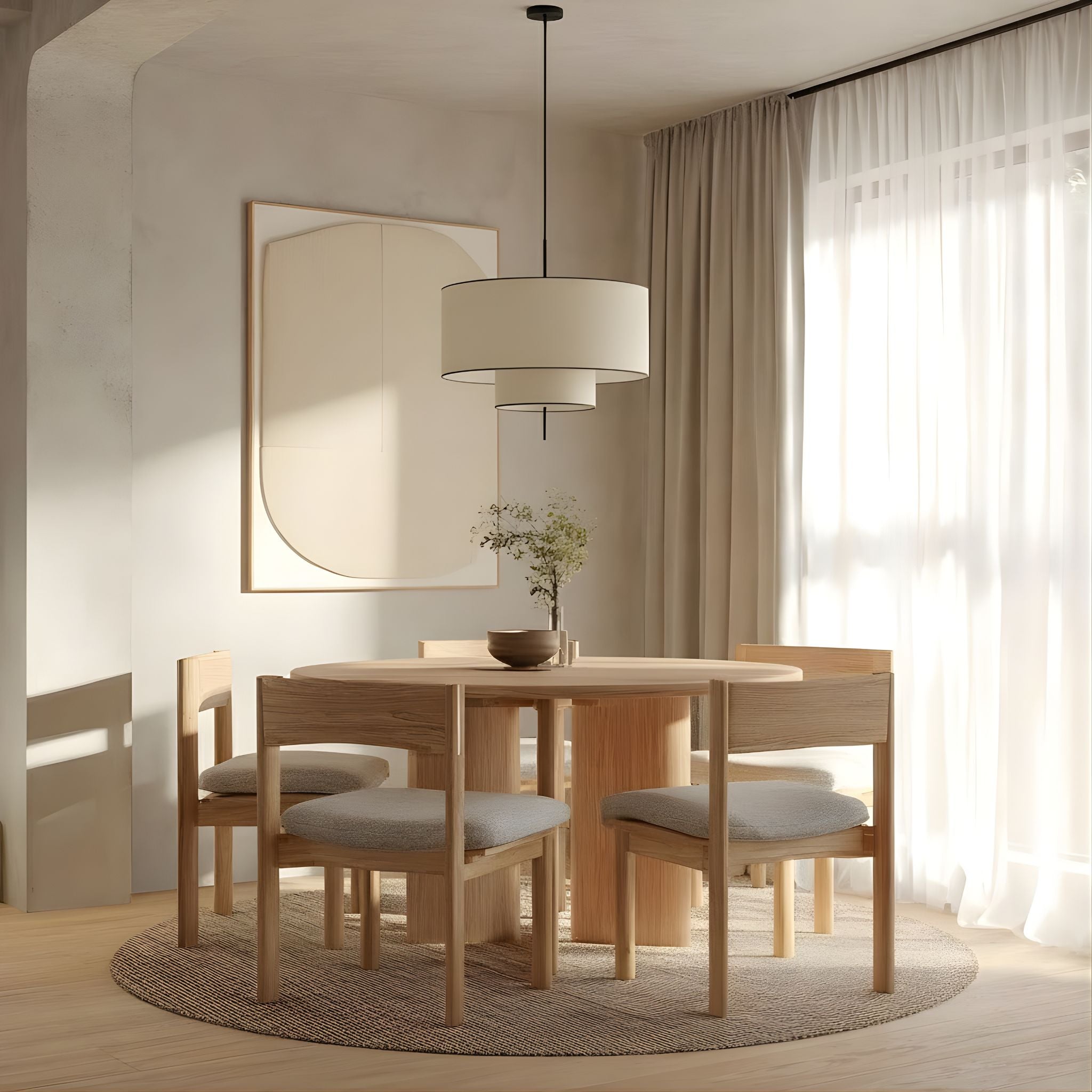 Beige Fabric Drum Pendant Light | Scandinavian Style, 19.7 in