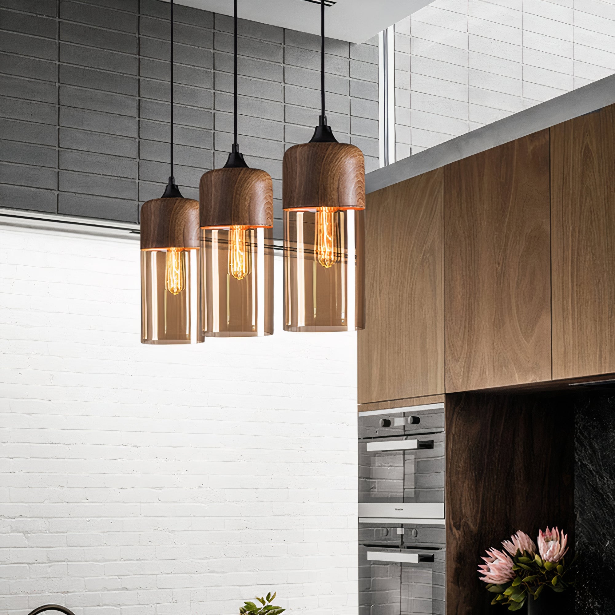 Wood and Colored Glass Pendant Light | Modern Warm Ambiance