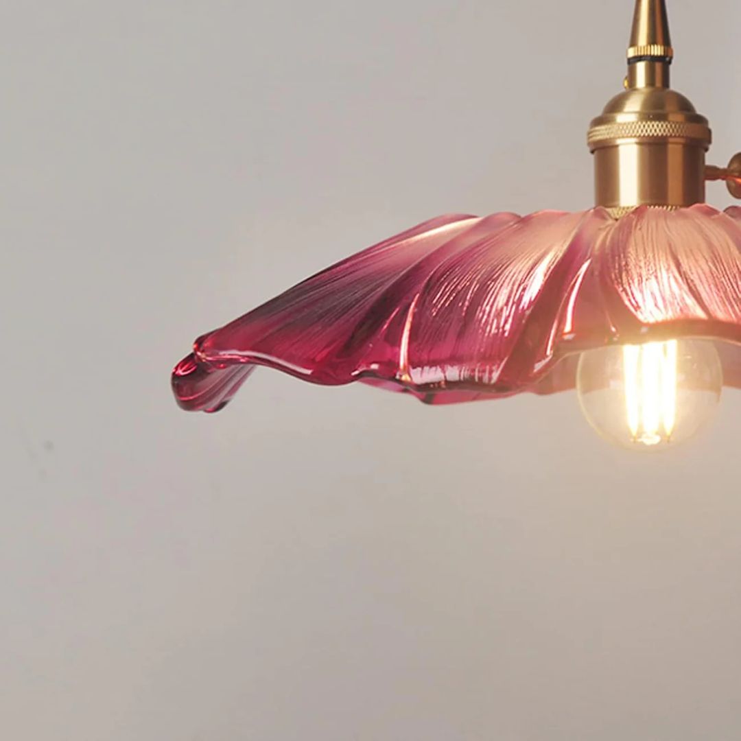 Floral Glass Pendant Light | Ribbed Shade, Gold Socket