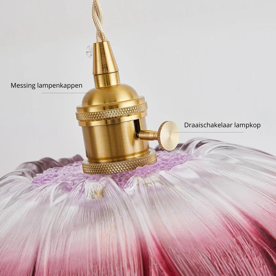 Floral Glass Pendant Light | Ribbed Shade, Gold Socket