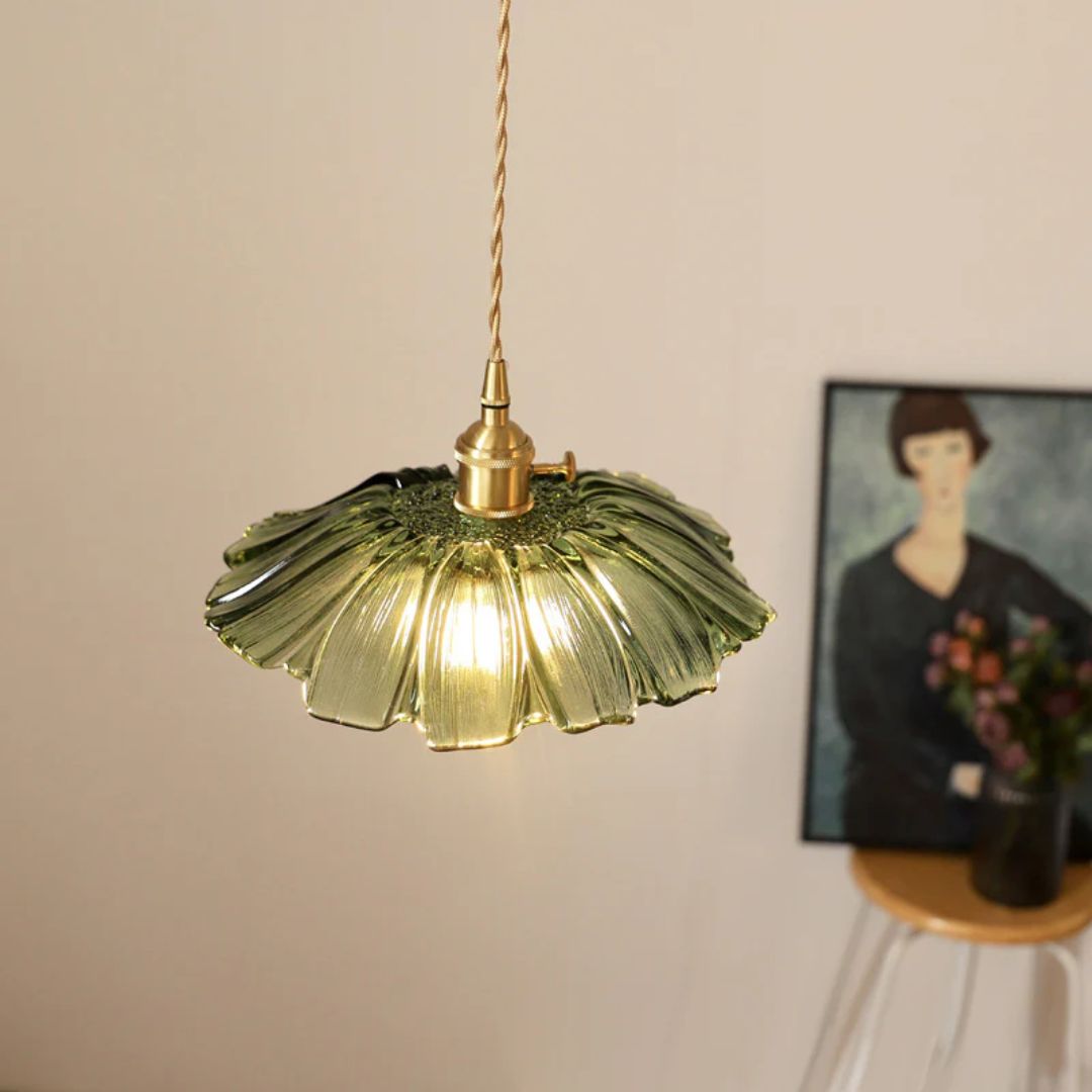 Floral Glass Pendant Light | Ribbed Shade, Gold Socket