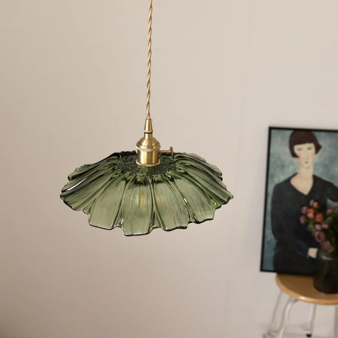 Floral Glass Pendant Light | Ribbed Shade, Gold Socket