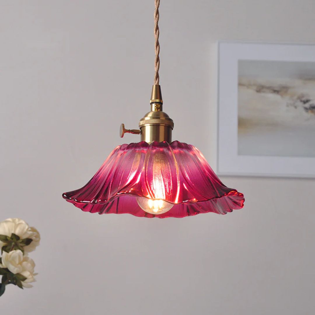 Floral Glass Pendant Light | Ribbed Shade, Gold Socket