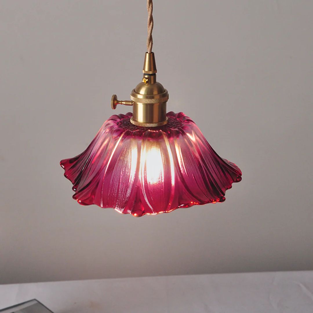 Floral Glass Pendant Light | Ribbed Shade, Gold Socket