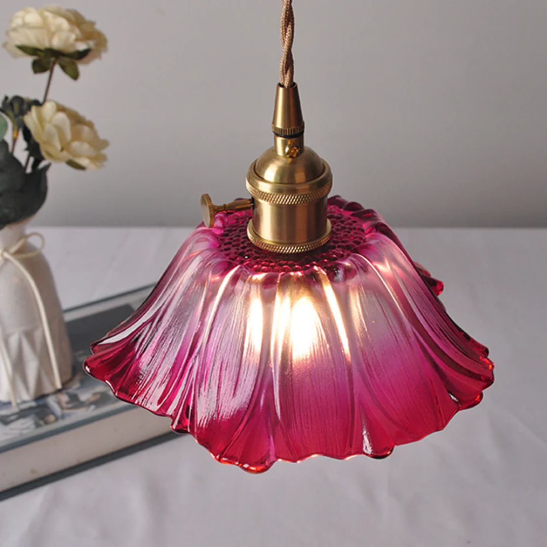 Floral Glass Pendant Light | Ribbed Shade, Gold Socket