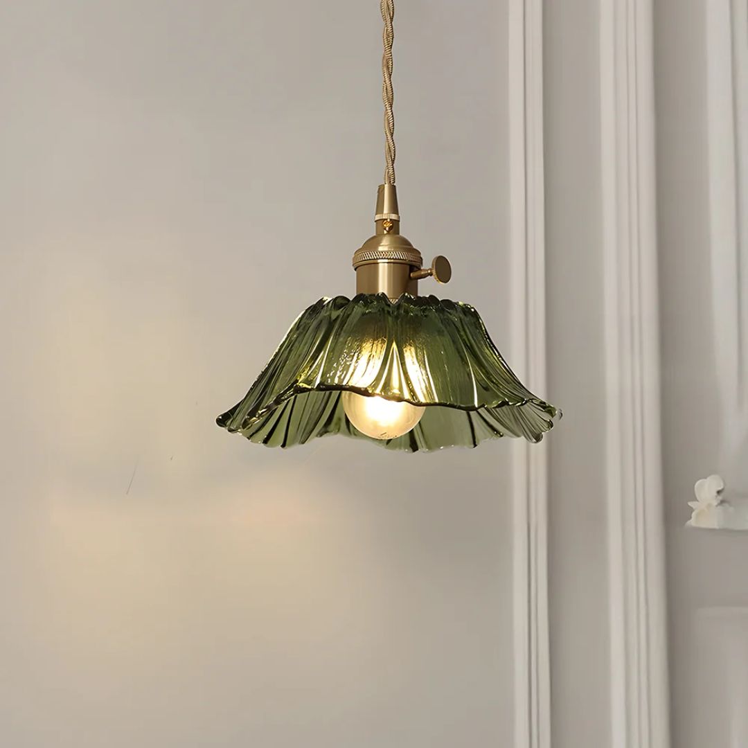 Floral Glass Pendant Light | Ribbed Shade, Gold Socket