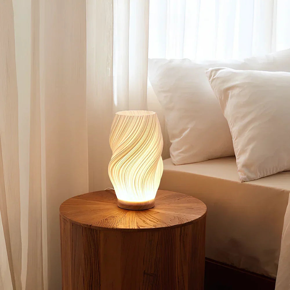 Sculptural Wood Base Table Lamp | Dimmable, USB, Wave Design