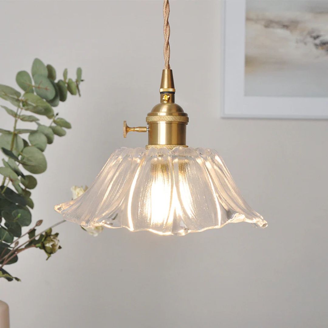 Floral Glass Pendant Light | Ribbed Shade, Gold Socket