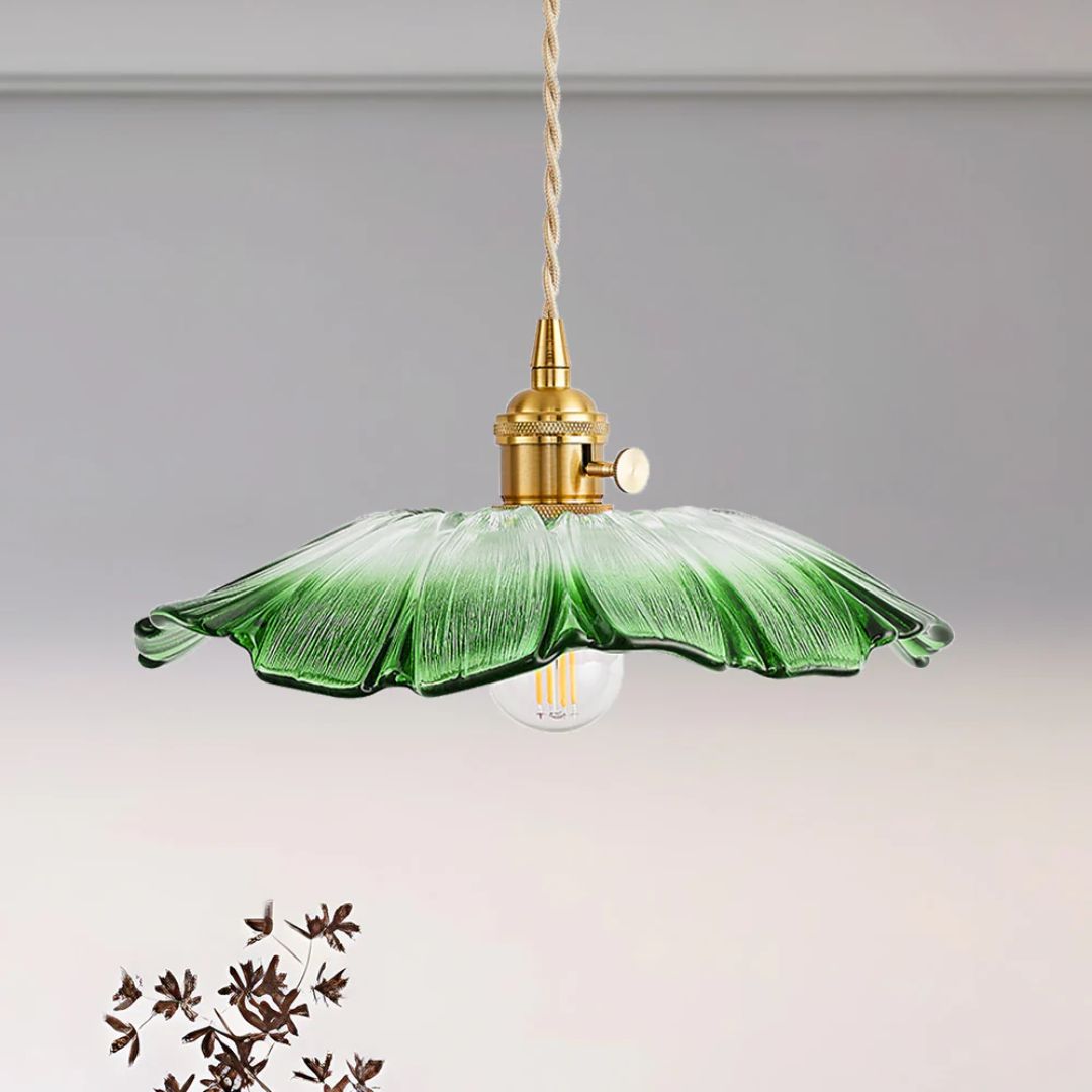 Floral Glass Pendant Light | Ribbed Shade, Gold Socket