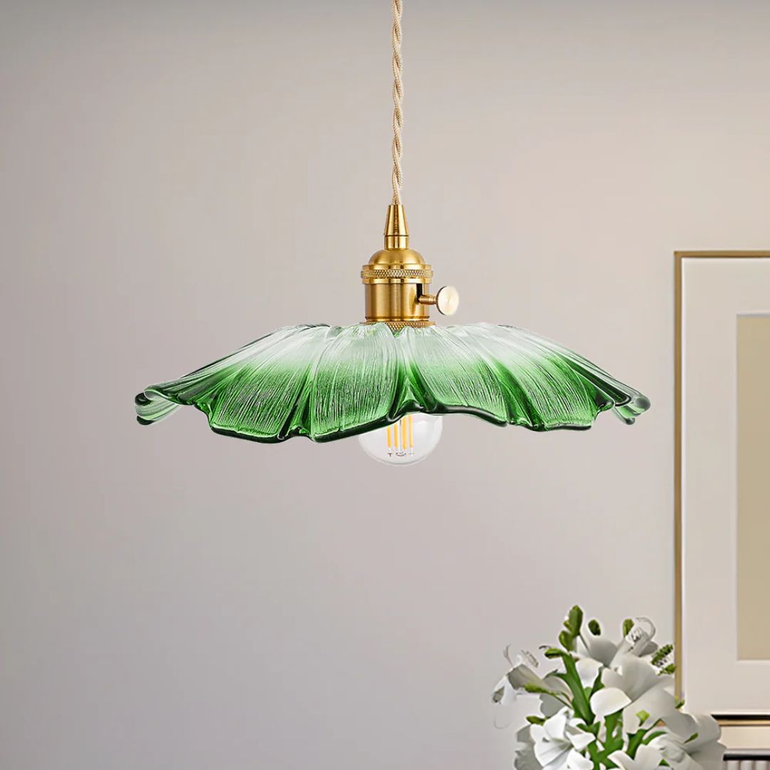 Floral Glass Pendant Light | Ribbed Shade, Gold Socket