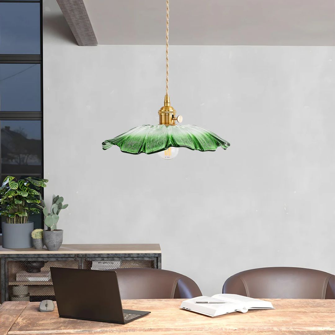 Floral Glass Pendant Light | Ribbed Shade, Gold Socket