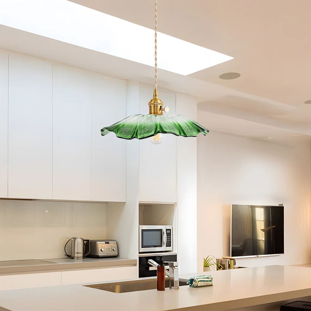 Floral Glass Pendant Light | Ribbed Shade, Gold Socket
