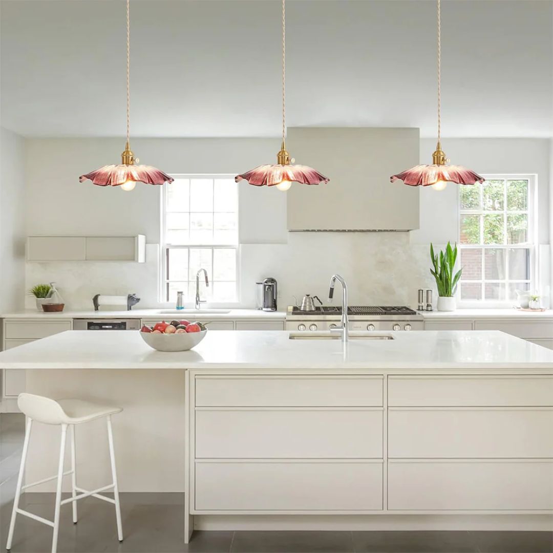 Floral Glass Pendant Light | Ribbed Shade, Gold Socket