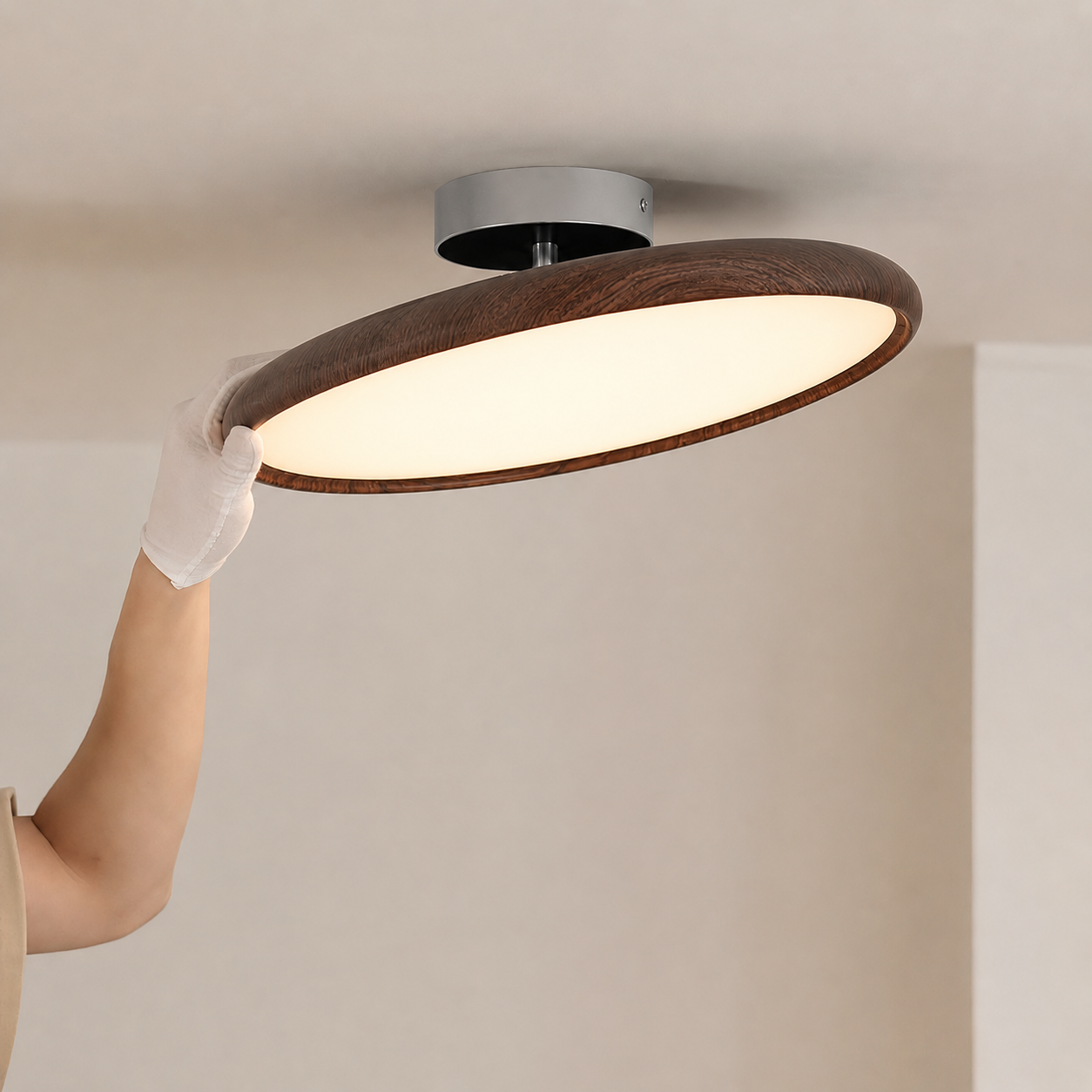 Round Flush Mount Ceiling Light | Wood-Effect Frame, 3000K Warm White