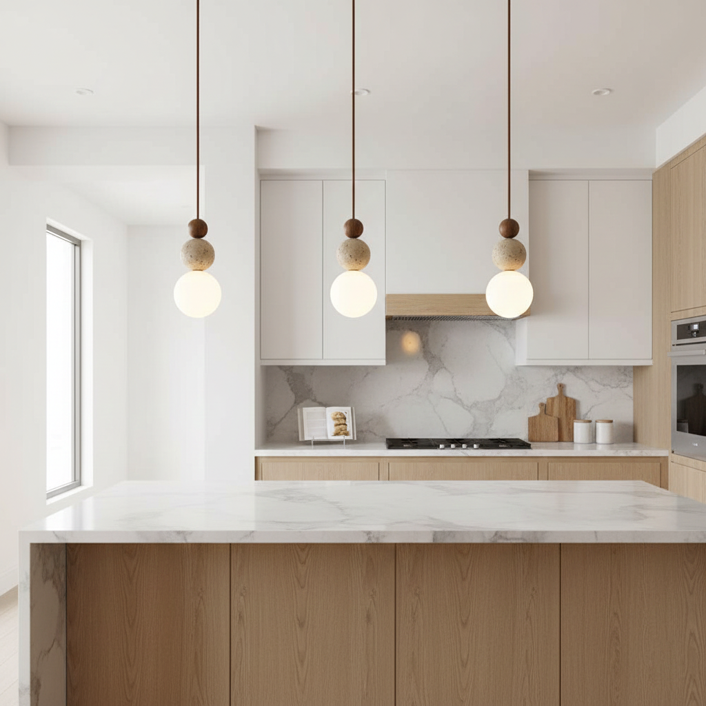 Travertine Stone Pendant Light | Opal Glass, Walnut Wood, Dimmable