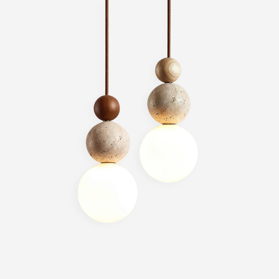 Travertine Stone Pendant Light | Opal Glass, Walnut Wood, Dimmable