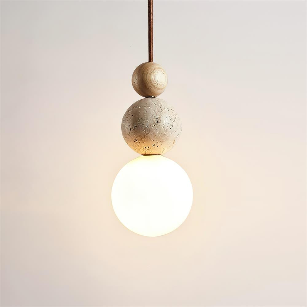 Travertine Stone Pendant Light | Opal Glass, Walnut Wood, Dimmable