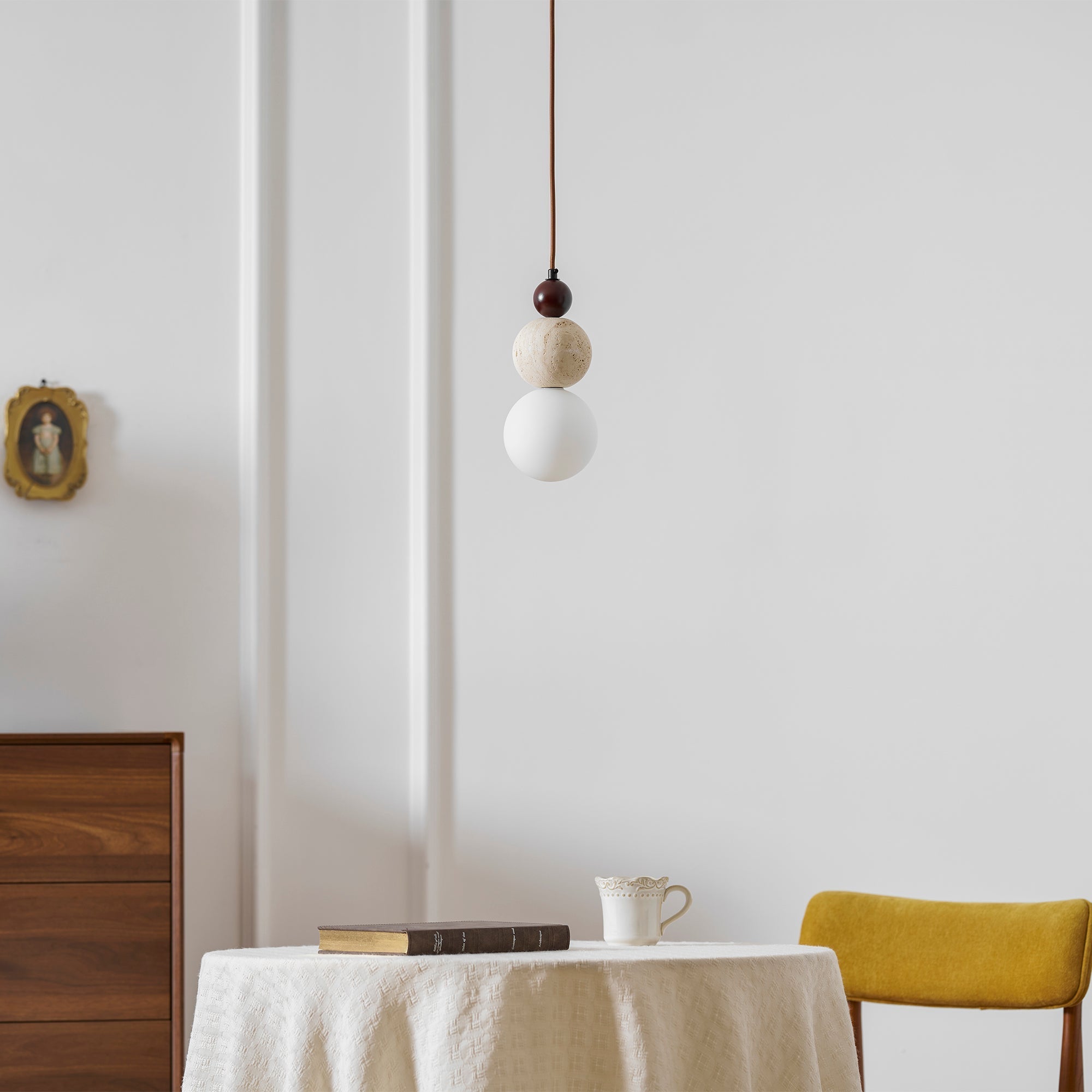 Travertine Stone Pendant Light | Opal Glass, Walnut Wood, Dimmable