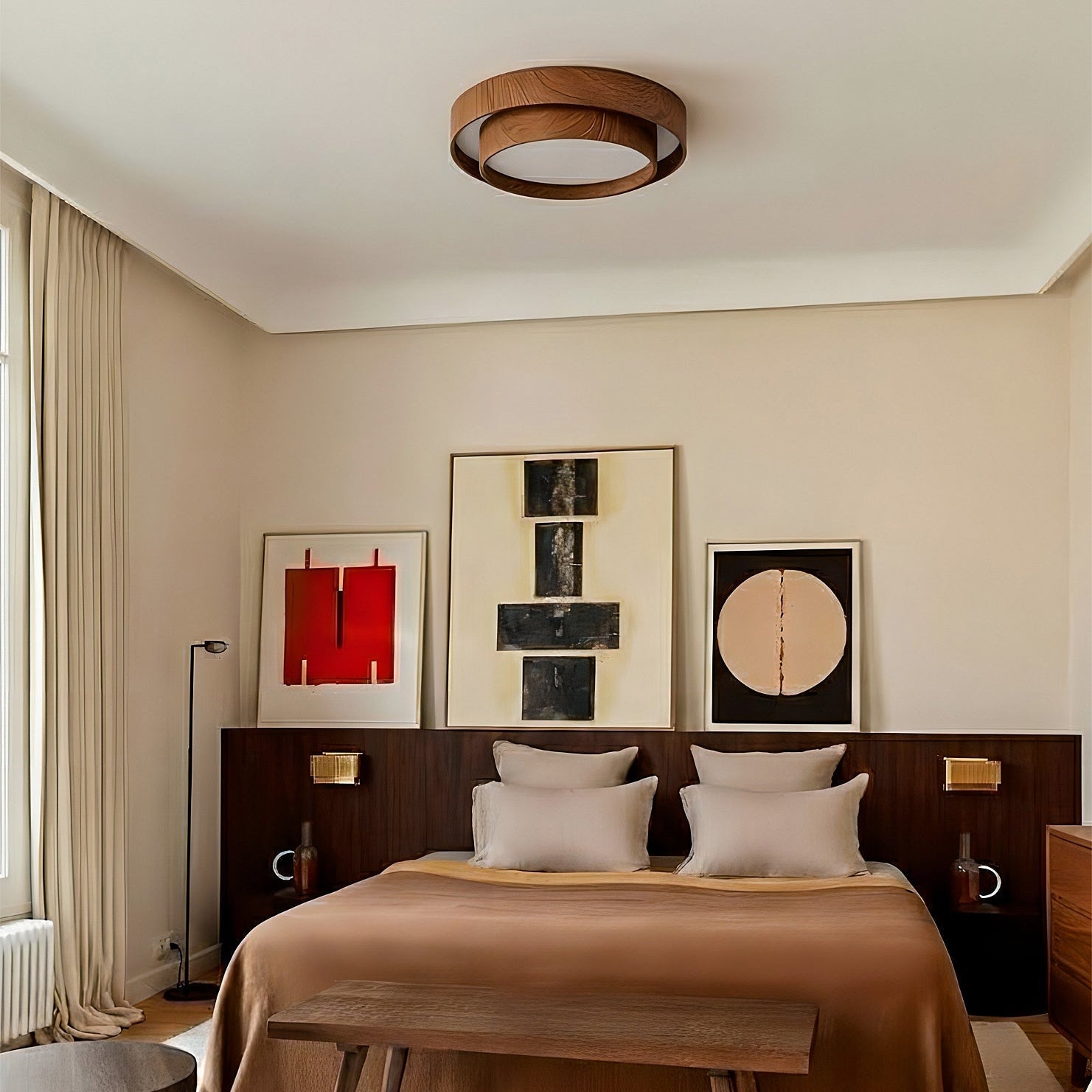 Round Walnut-Look LED Ceiling Light | Dimmable, Low Profile