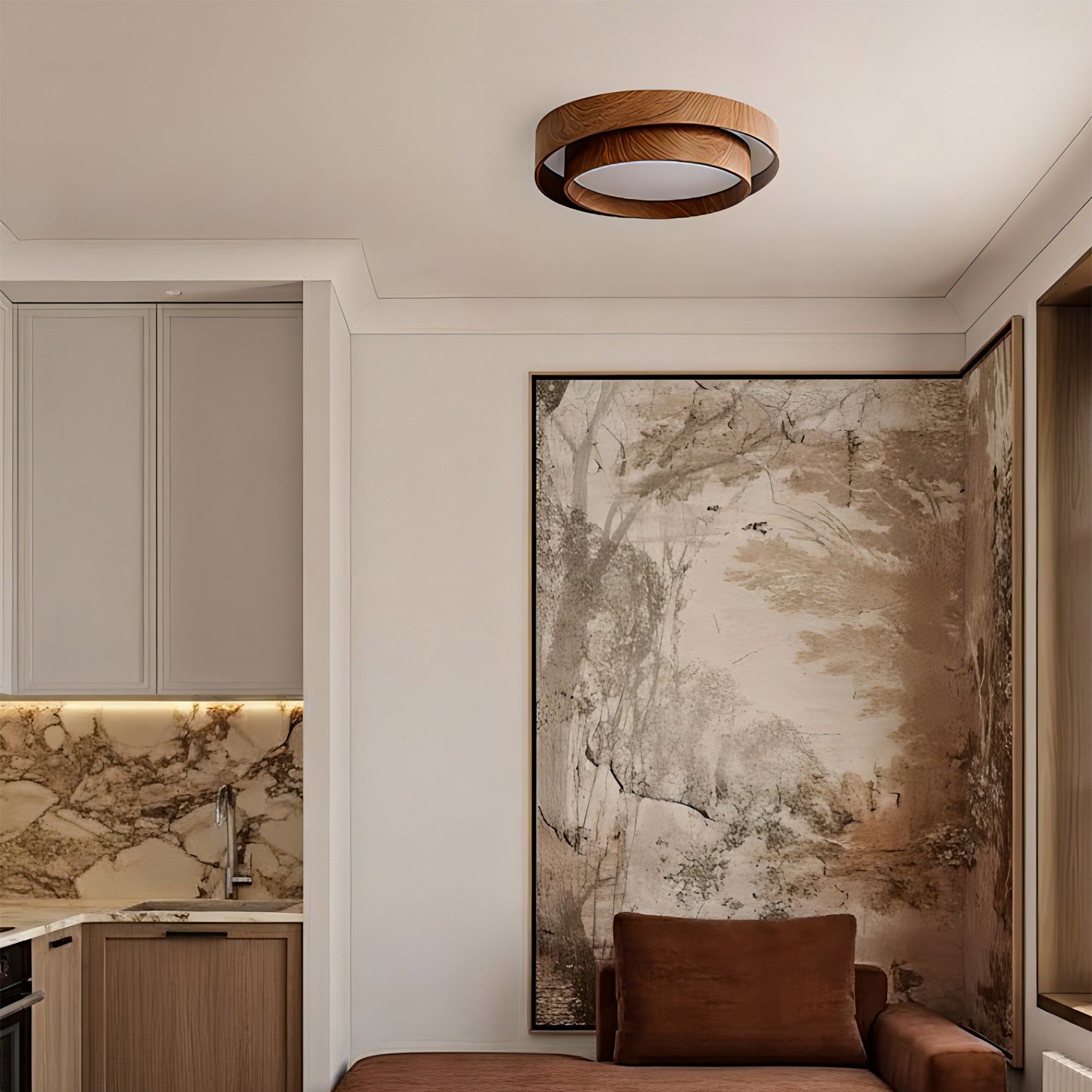 Round Walnut-Look LED Ceiling Light | Dimmable, Low Profile