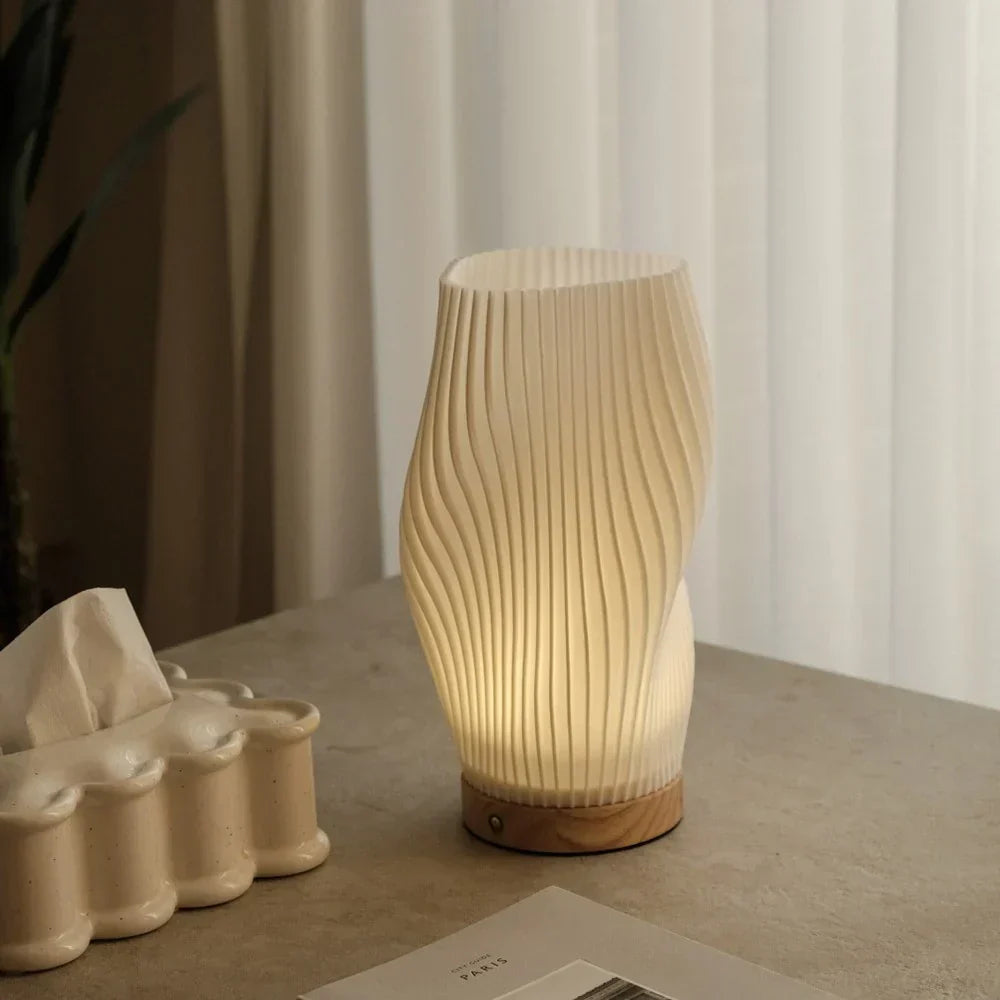Sculptural Wood Base Table Lamp | Dimmable, USB, Wave Design