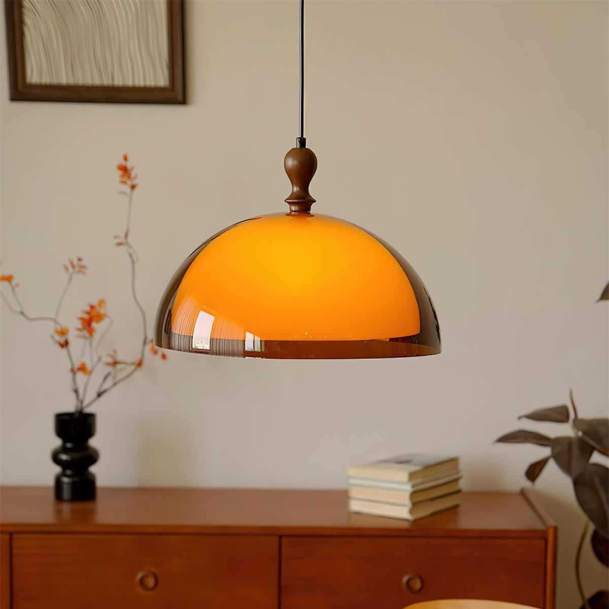 Walnut Wood Dome Pendant Light | Modern Round, Warm Acrylic Shade