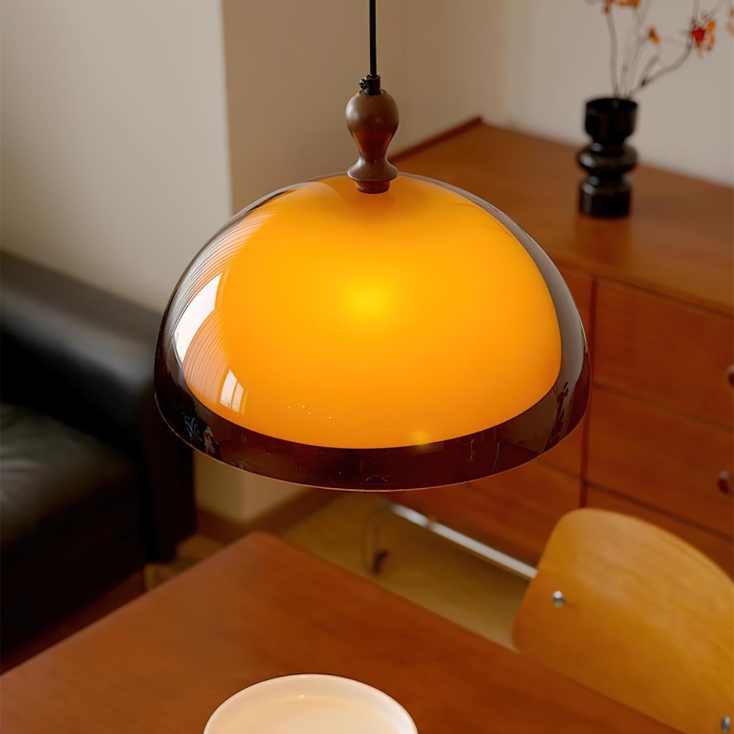 Walnut Wood Dome Pendant Light | Modern Round, Warm Acrylic Shade
