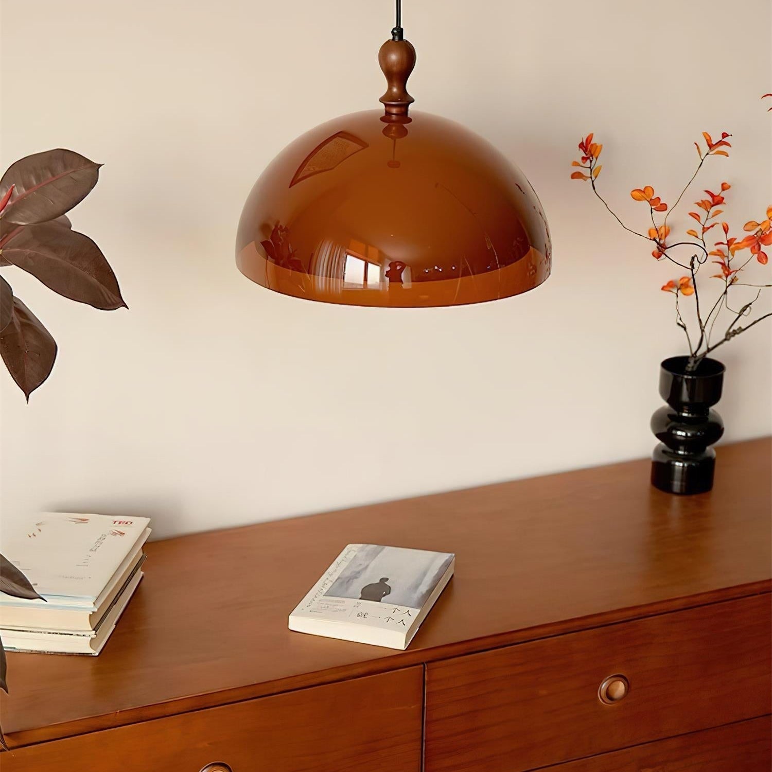 Walnut Wood Dome Pendant Light | Modern Round, Warm Acrylic Shade