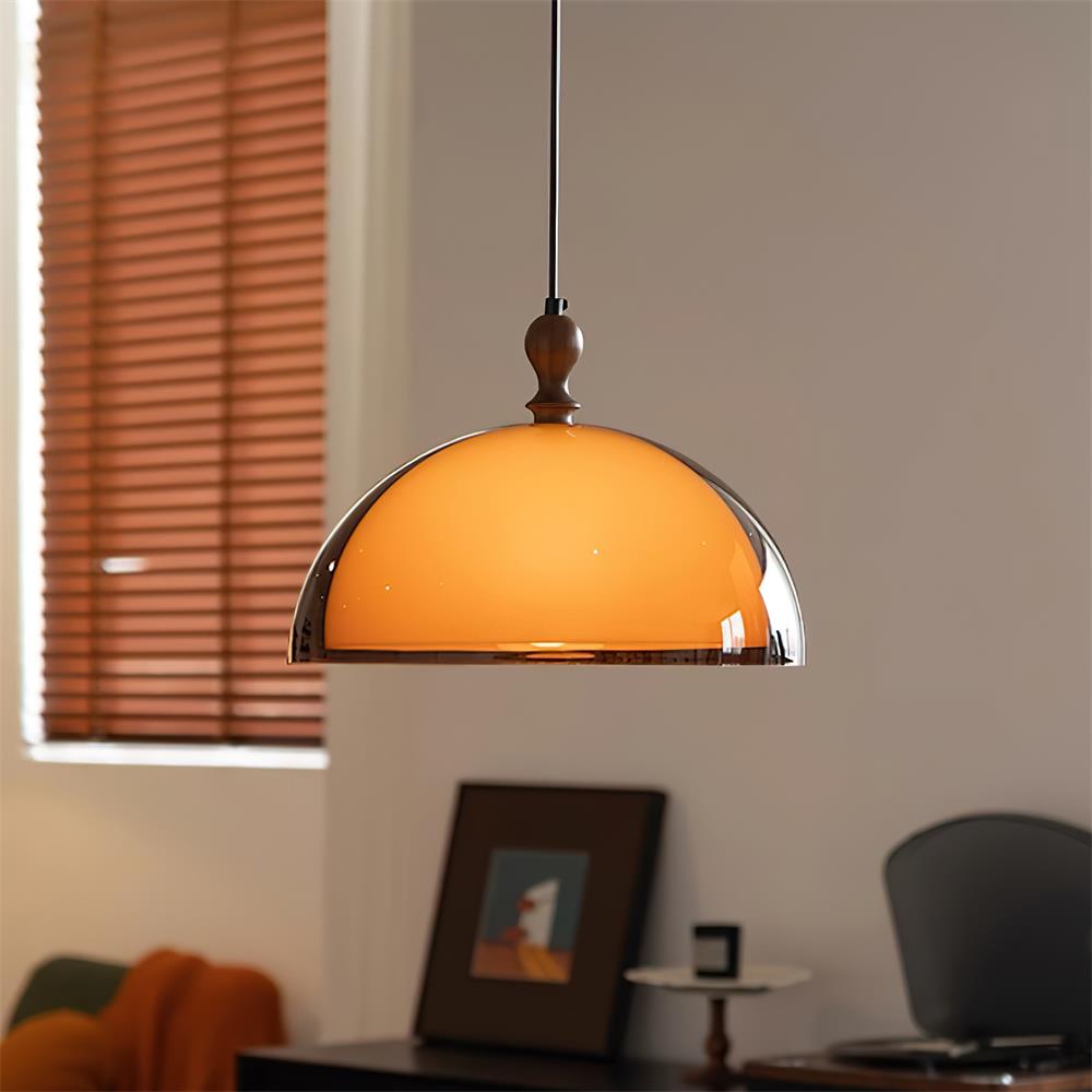 Walnut Wood Dome Pendant Light | Modern Round, Warm Acrylic Shade
