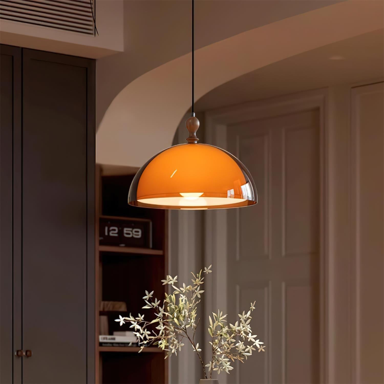 Walnut Wood Dome Pendant Light | Modern Round, Warm Acrylic Shade