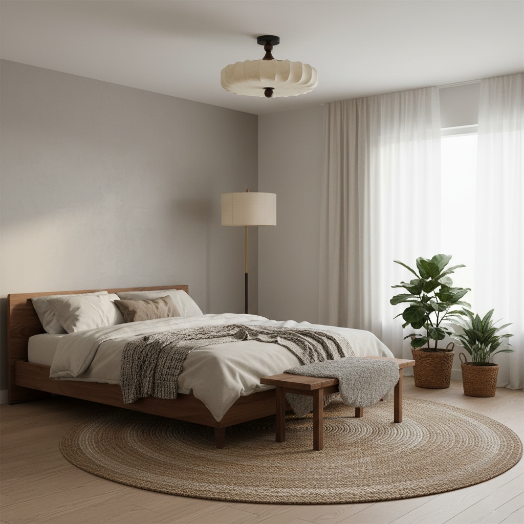 Floral Fabric Ceiling Light | Walnut Wood Detail, Warm 3000K LED
