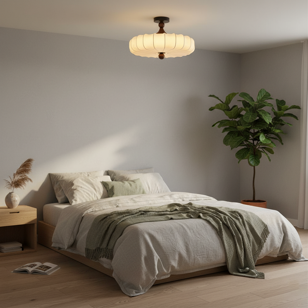 Floral Fabric Ceiling Light | Walnut Wood Detail, Warm 3000K LED