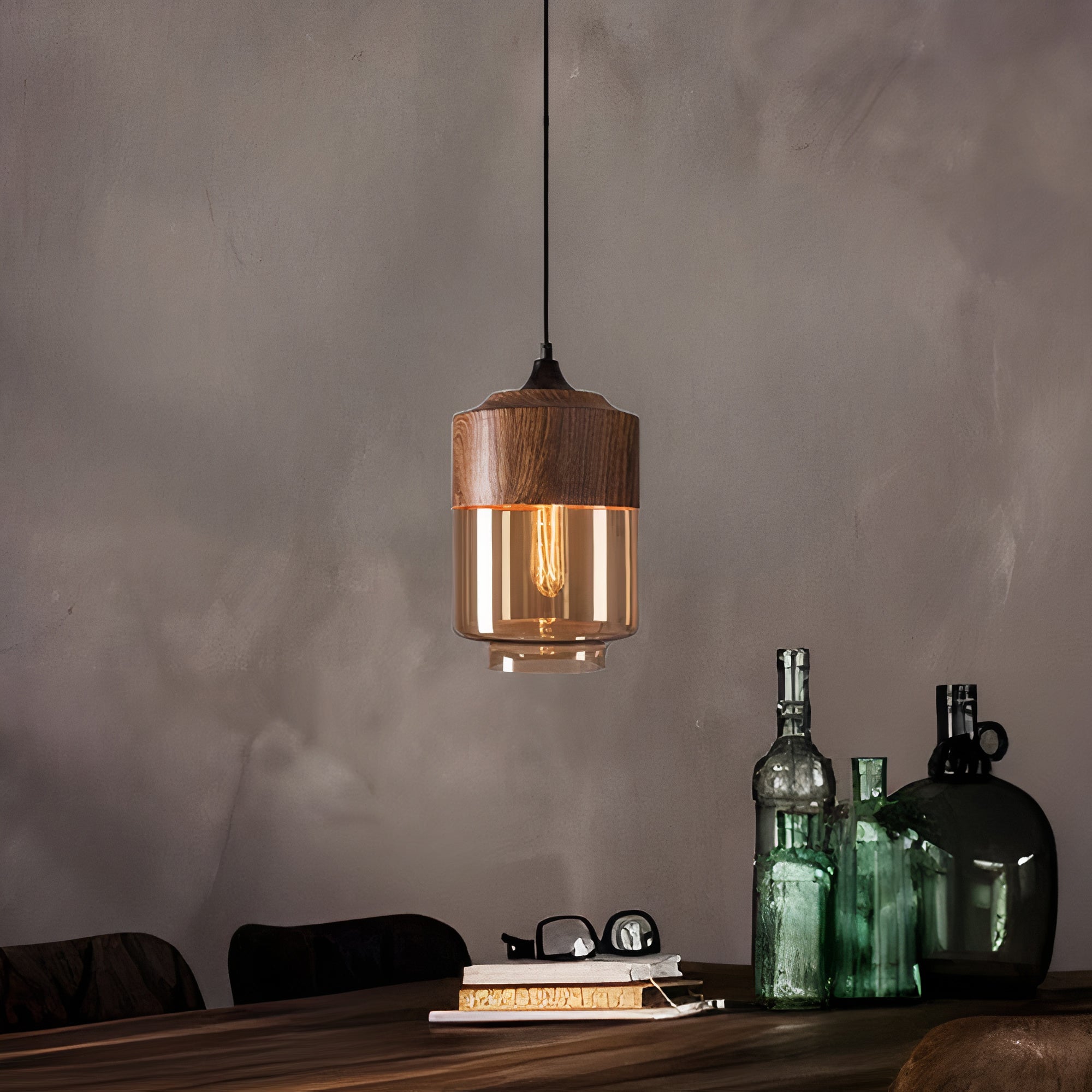 Wood and Colored Glass Pendant Light | Modern Warm Ambiance
