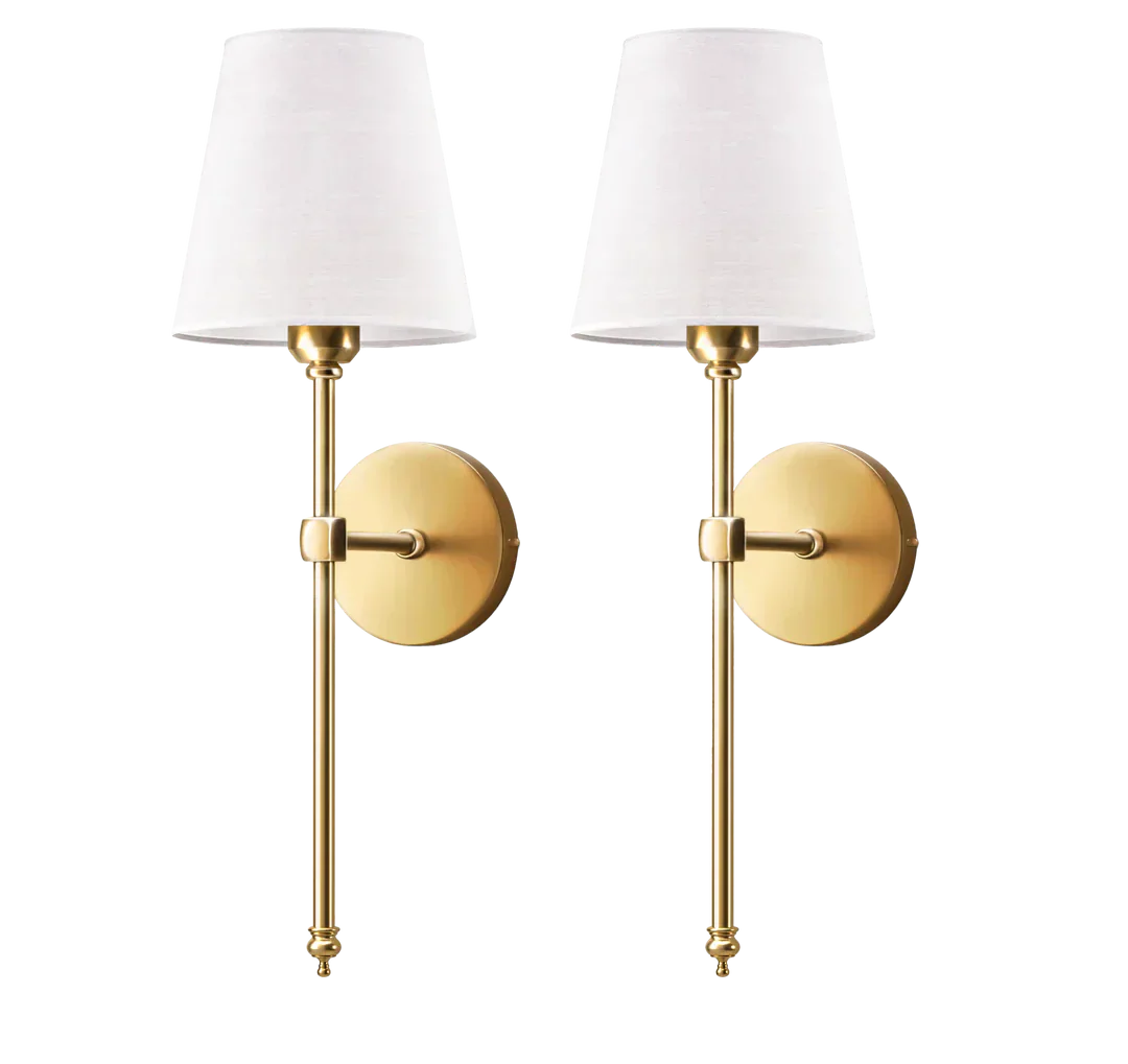 Wireless Wall Sconces | Set of 2, Black & Gold Fabric Shade, E27