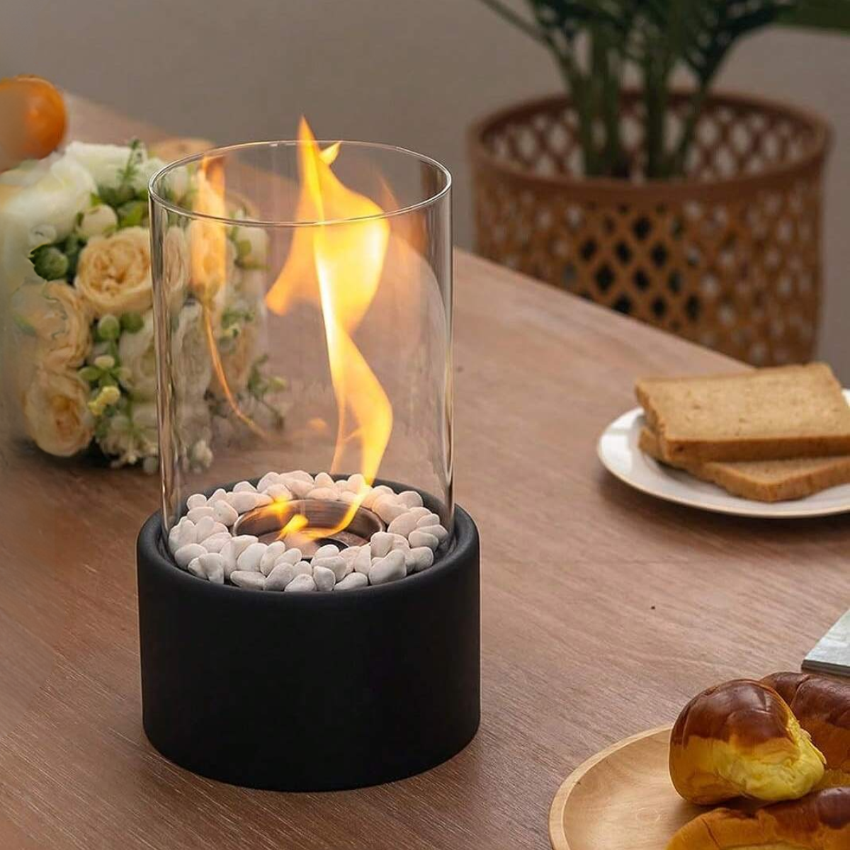 Round Glass Oil Lamp | Open Flame Table Decor, Metal Frame