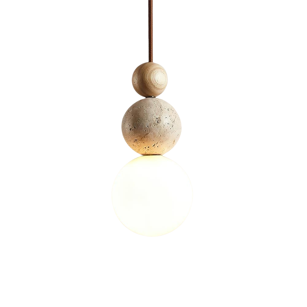Travertine Stone Pendant Light | Opal Glass, Walnut Wood, Dimmable