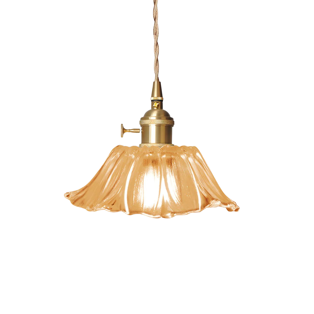 Floral Glass Pendant Light | Ribbed Shade, Gold Socket
