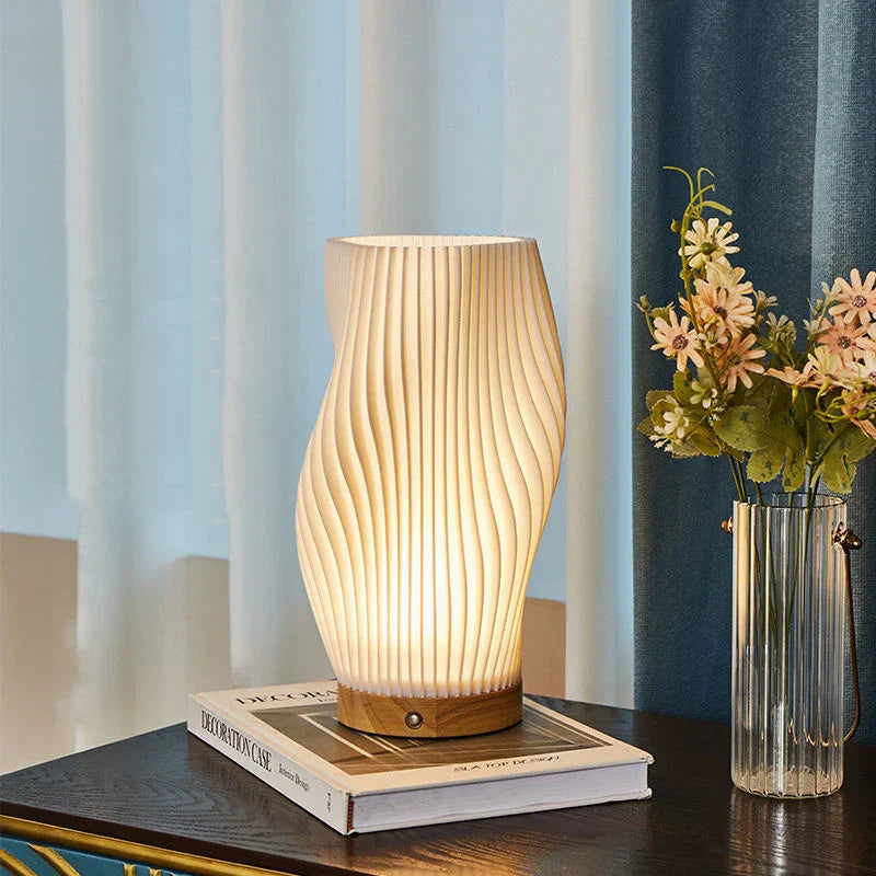 Sculptural Wood Base Table Lamp | Dimmable, USB, Wave Design