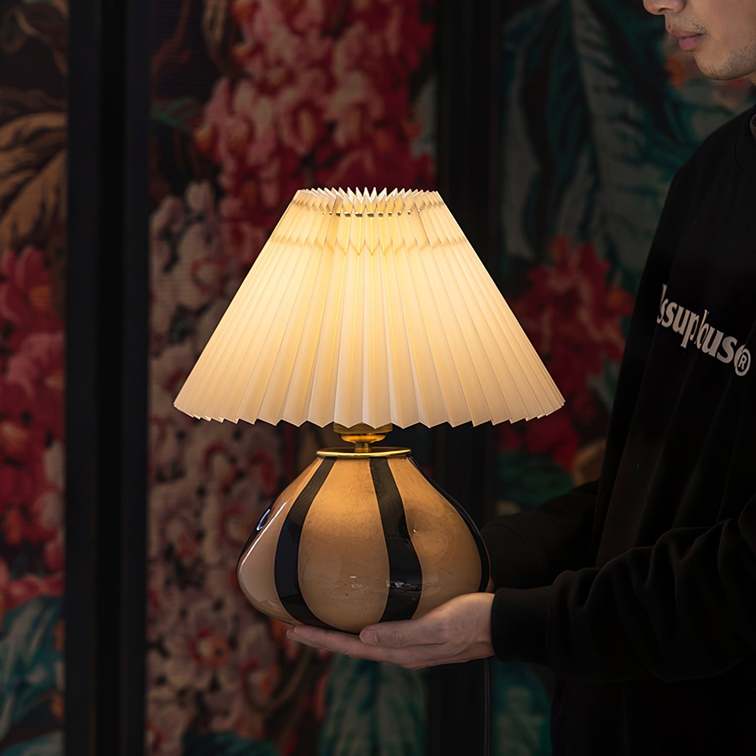 Pleated Fabric Table Lamp with Glass Base | Soft Structured Light, E27