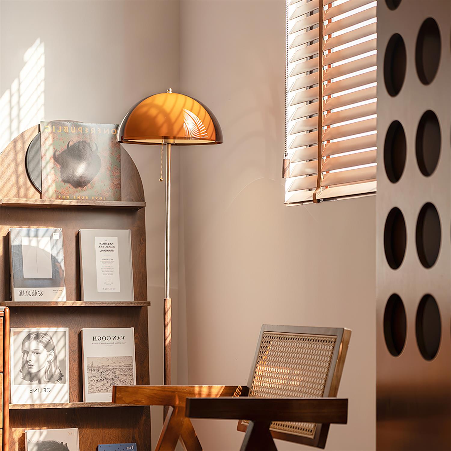 Walnut Wood Floor Lamp with Amber Dome | Mid-Century Vintage Style, E27