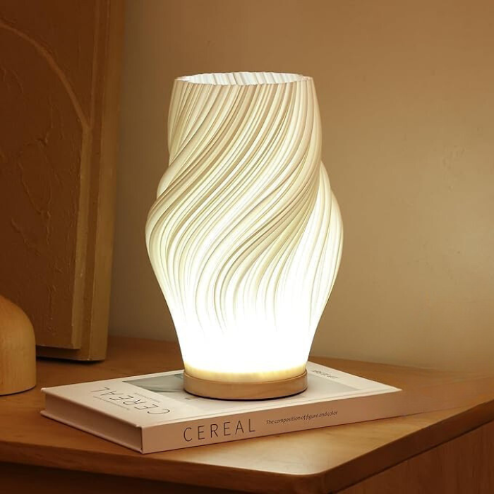 Sculptural Wood Base Table Lamp | Dimmable, USB, Wave Design
