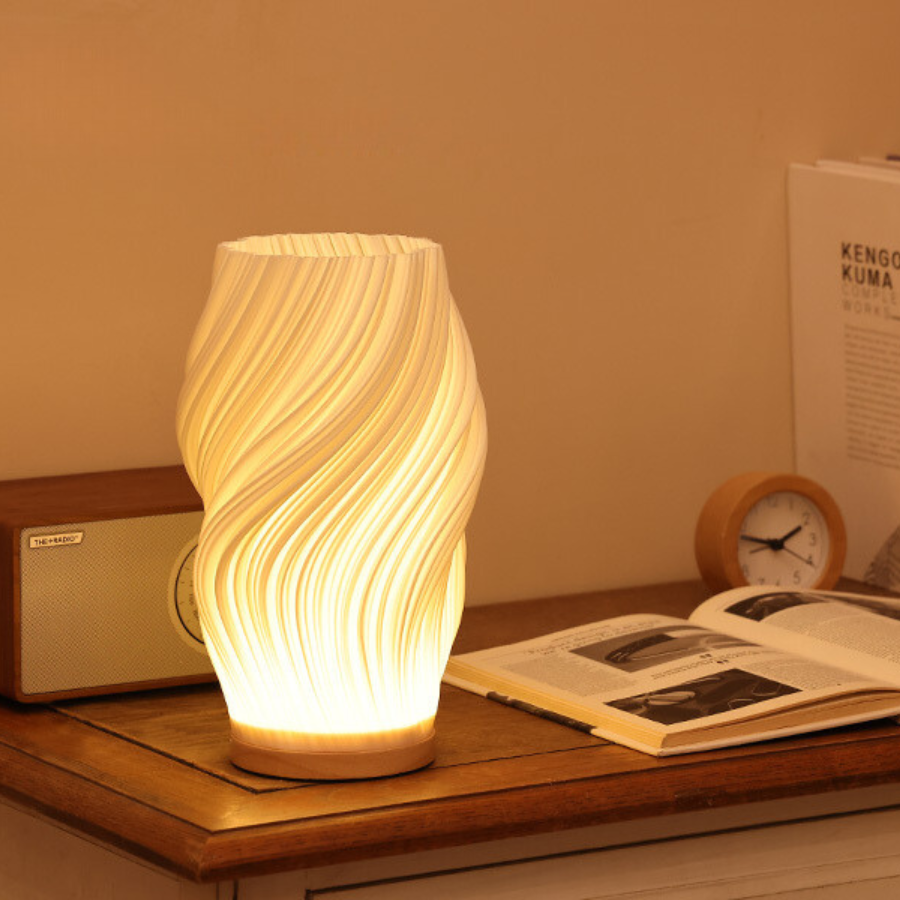 Sculptural Wood Base Table Lamp | Dimmable, USB, Wave Design