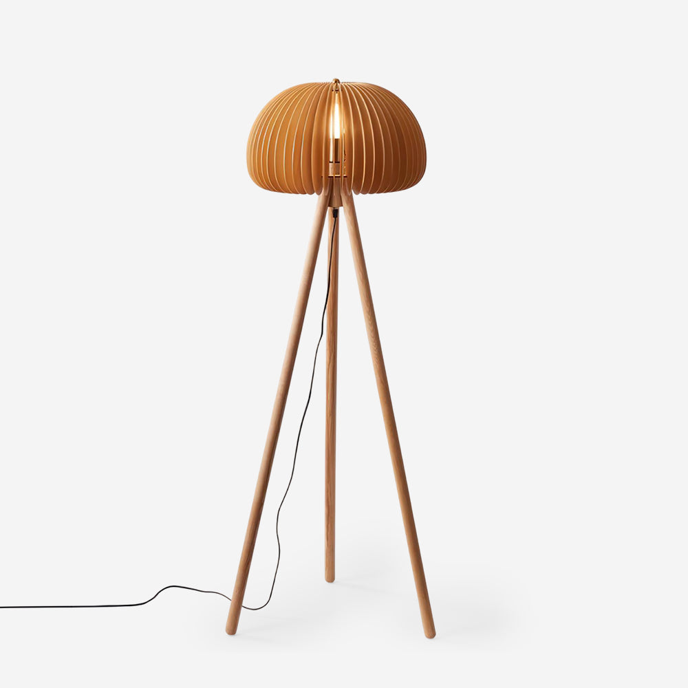 Wood Slat Tripod Floor Lamp | Sculptural Dome Shade, Natural Wood
