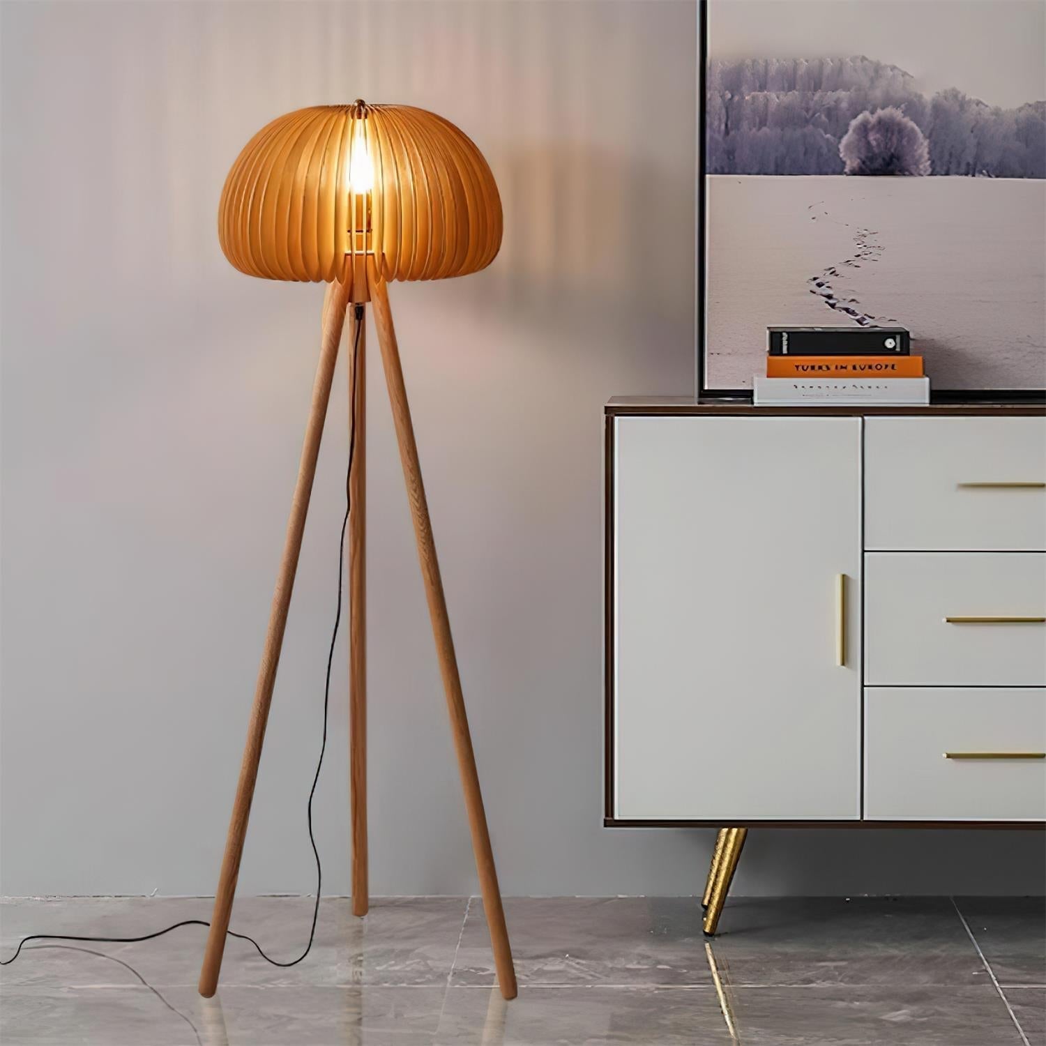 Wood Slat Tripod Floor Lamp | Sculptural Dome Shade, Natural Wood