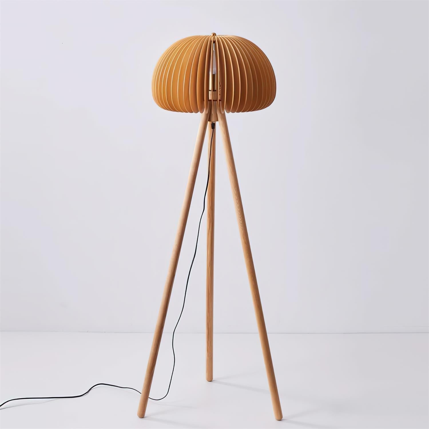 Wood Slat Tripod Floor Lamp | Sculptural Dome Shade, Natural Wood
