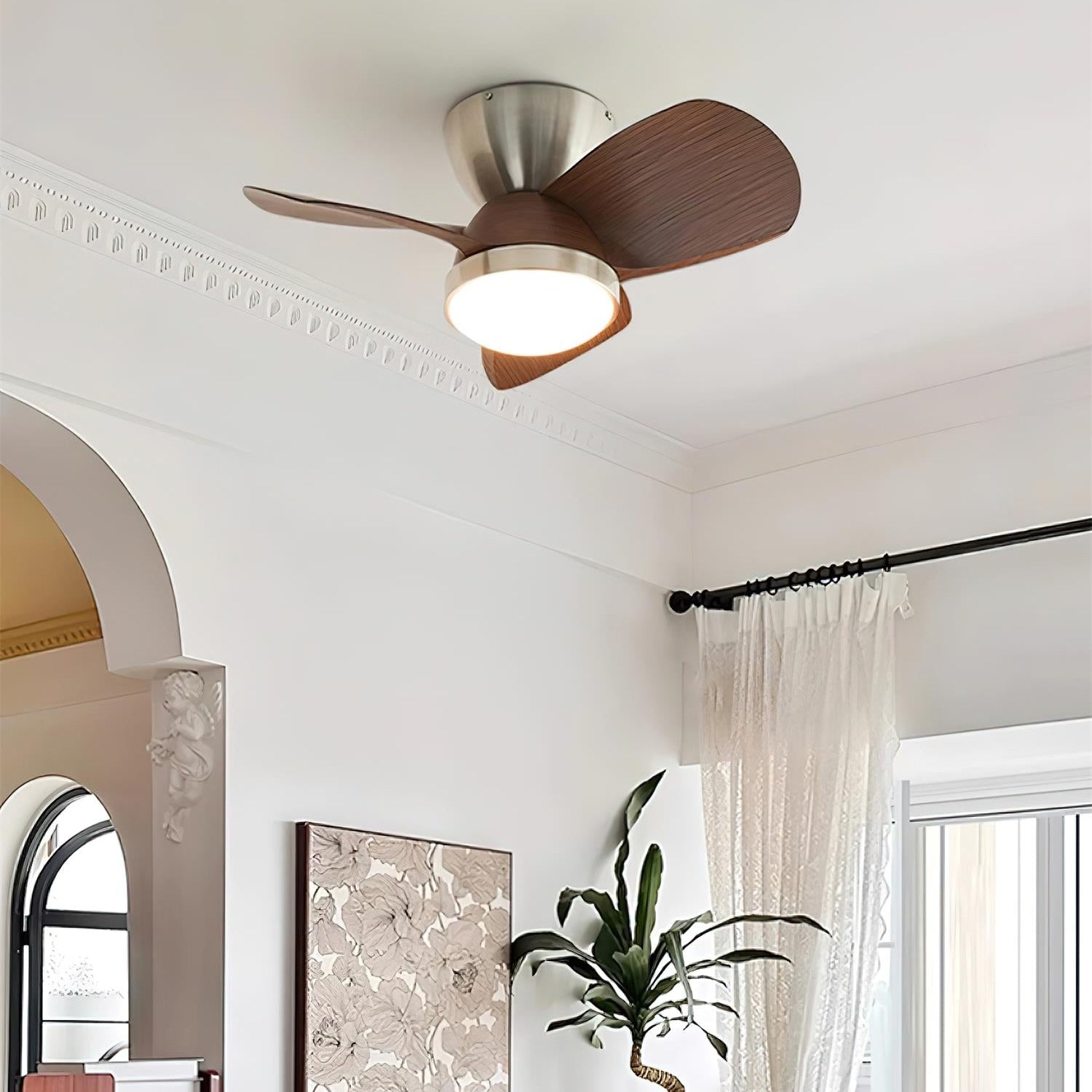 Wood Ceiling Fan with LED Light | Walnut and Nickel, 24 in