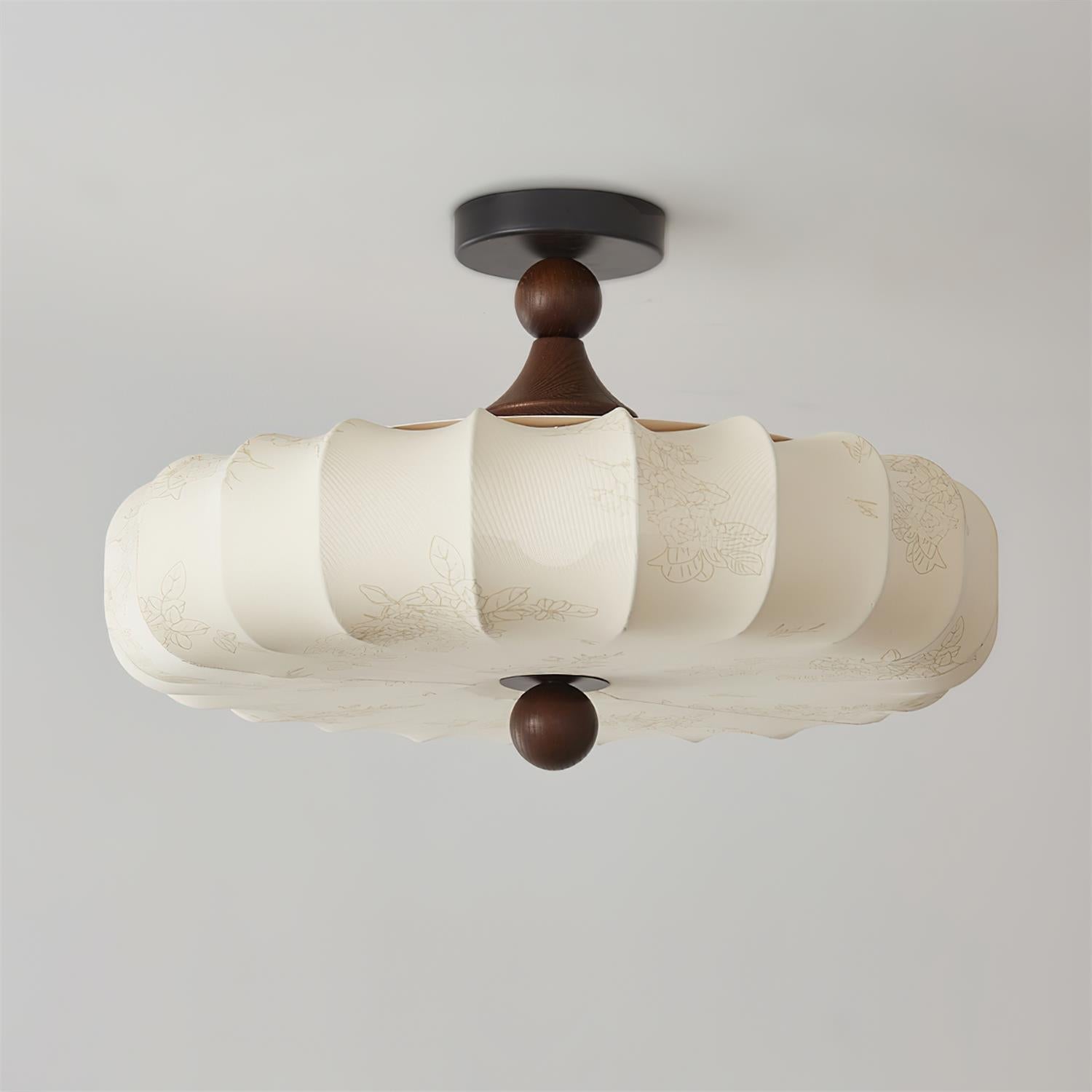 Floral Fabric Ceiling Light | Walnut Wood Detail, Warm 3000K LED