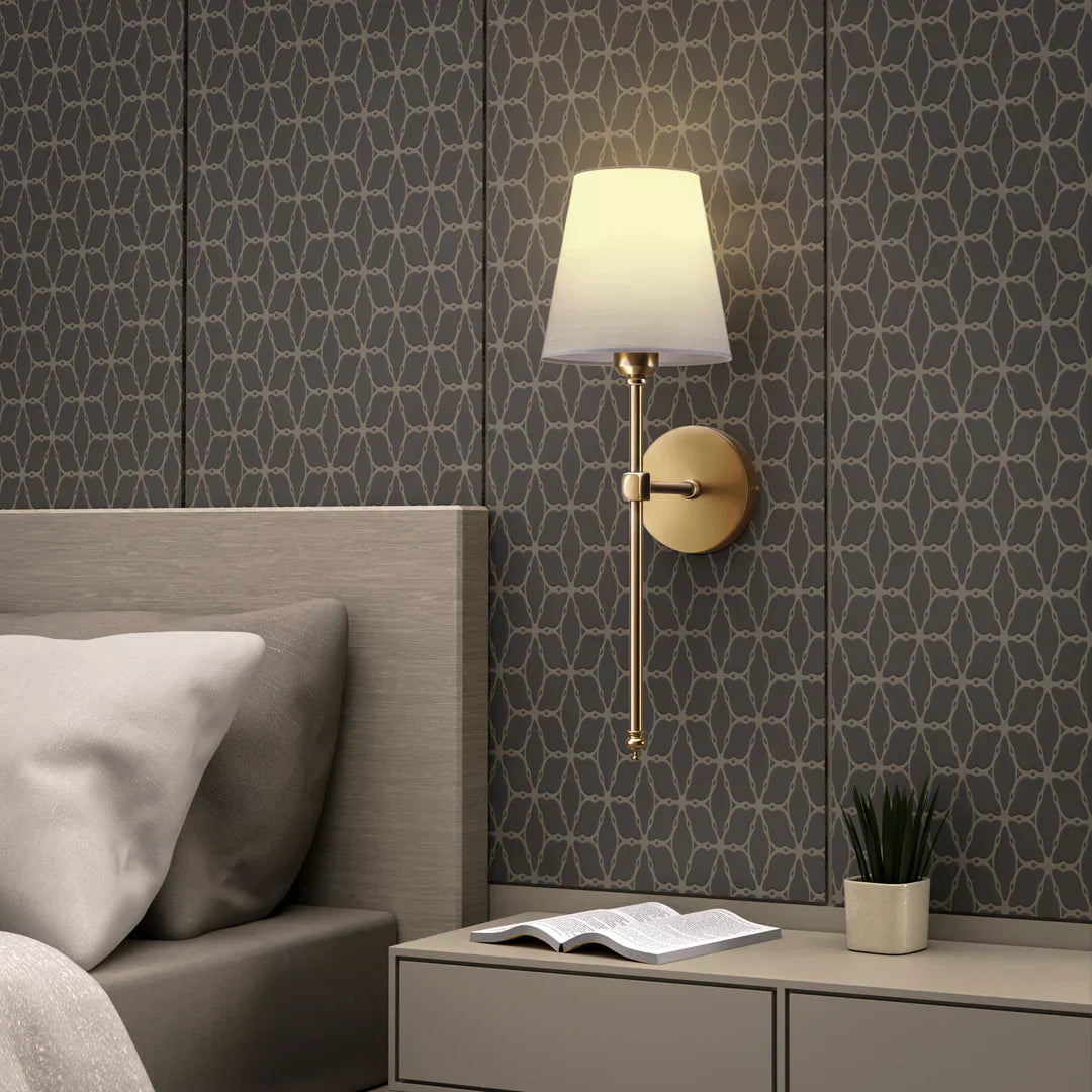 Wireless Wall Sconces | Set of 2, Black & Gold Fabric Shade, E27
